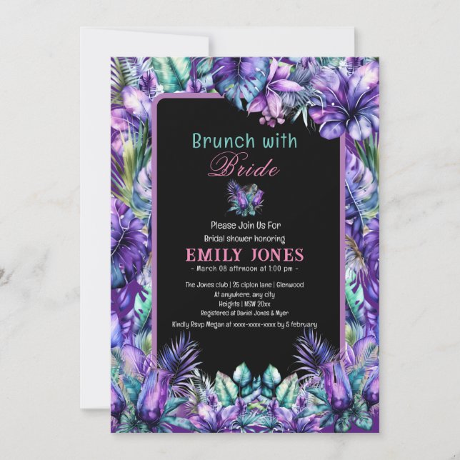 Invitación Elegante ducha tropical violeta floral de novia (Anverso)