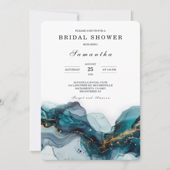 Invitación Elegante ducha Verde azulada y dorada de novia de  (Anverso)