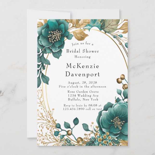 Invitación Elegante ducha Verde azulada y dorada de novias fl (Anverso)