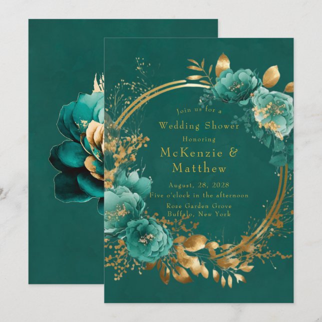 Invitación Elegante ducha Verde azulada y Gold Floral Wedding (Anverso / Reverso)