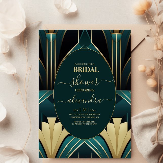 Invitación Elegante ducha verde y dorada Art Deco Bridal (Subido por el creador)