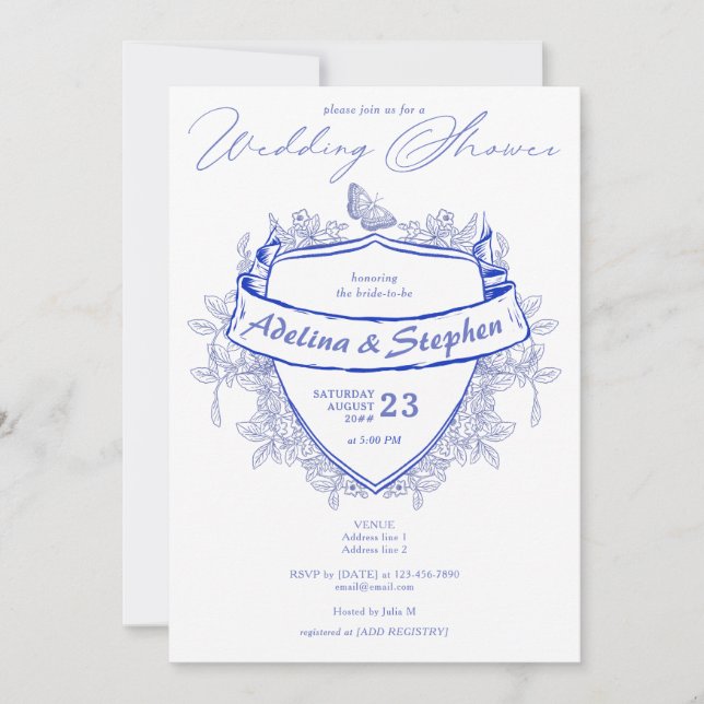 Invitación Elegante ducha victoriana Escudo azul con pareja (Anverso)
