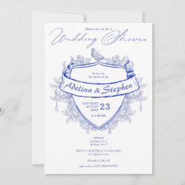 Invitación Elegante ducha victoriana Escudo azul con pareja