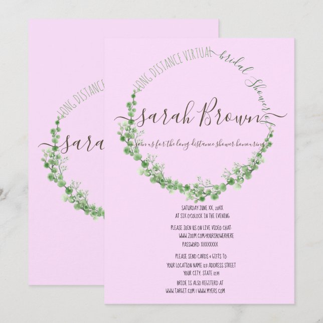 INVITACIÓN ELEGANTE DUCHA VIRTUAL DE BRIDAL VERDE Y PINK FOLI (Anverso / Reverso)