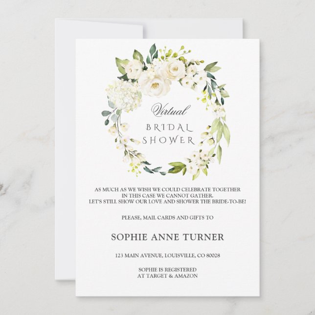 Invitación Elegante ducha virtual de novia floral blanca por  (Anverso)