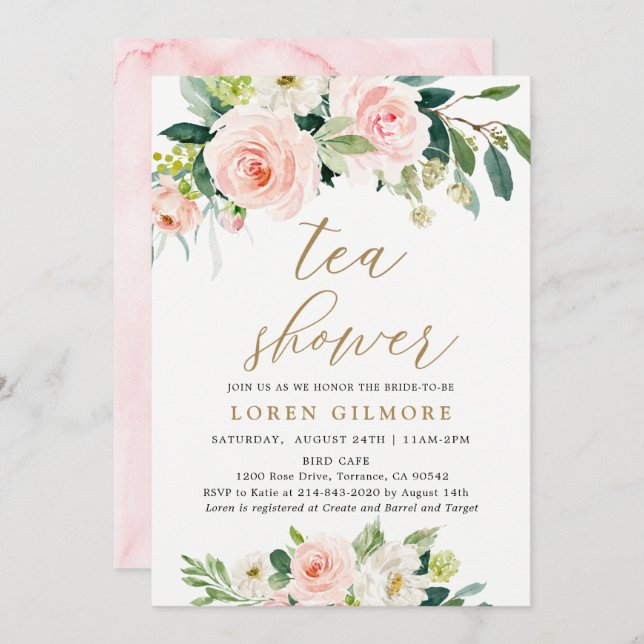 Invitación Elegante duchazo de té floral con acuarela rosada (Anverso / Reverso)