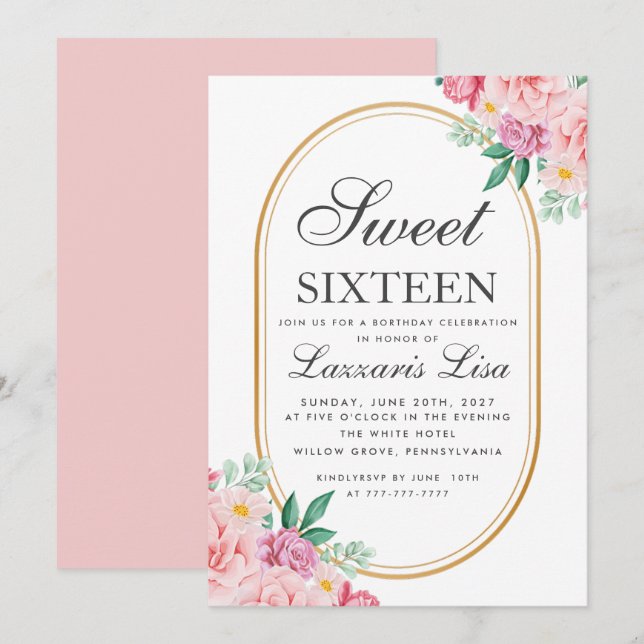 Invitación Elegante dulce 16 acuarela Floral rosa cumpleaños (Anverso / Reverso)
