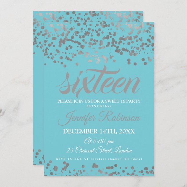 Invitación Elegante dulce 16 Confetti de Relieve metalizado p (Anverso / Reverso)