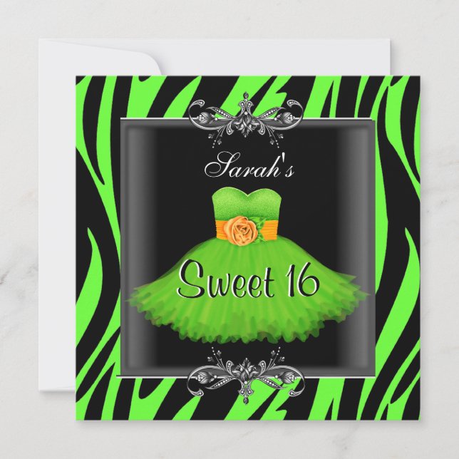 Invitación Elegante dulce 16 cumpleaños Lime Zebra Negro Vest (Anverso)