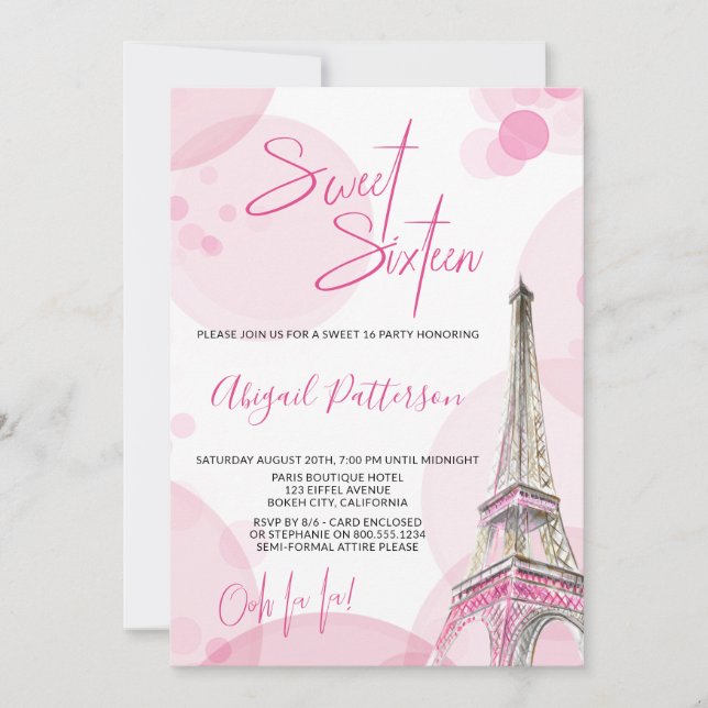 Invitación Elegante dulce 16 cumpleaños París blanco rosado (Anverso)