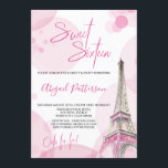 Invitación Elegante dulce 16 cumpleaños París blanco rosado<br><div class="desc">Elegante dulce 16 invitaciones en rosa y blanco grisáceo. El ilustracion acuático de la Torre Eiffel de París tiene elementos de color rosa y dorado, enmarcado con una broca de color rosa. Dulce Dieciséis, Ooh la! y el nombre del chica de cumpleaños están con letras a mano en rosa, mientras...</div>