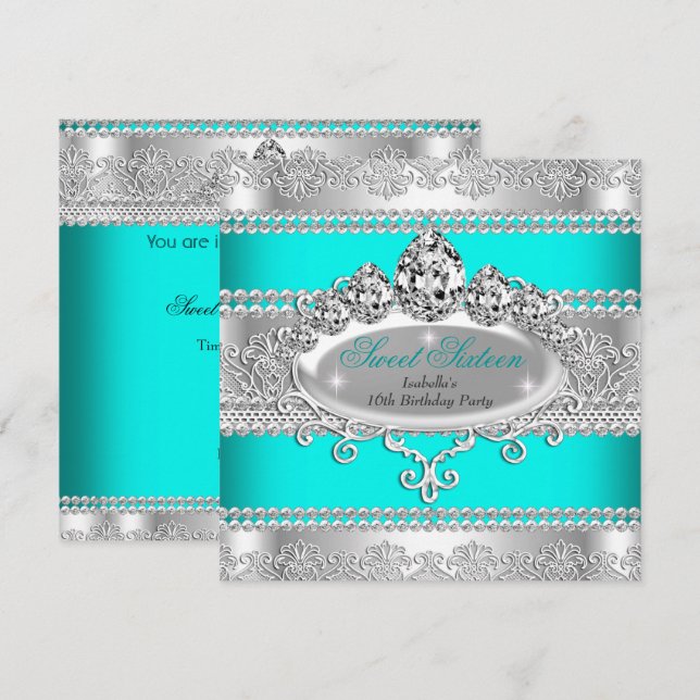 Invitación Elegante dulce 16 cumpleaños Princesa Azul Verde a (Anverso / Reverso)