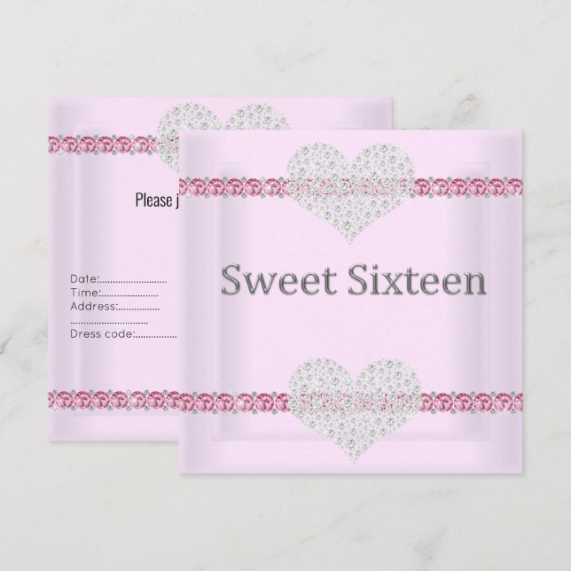 Invitación ELEGANTE DULCE 16 Diamante Corazón Rosa (Anverso / Reverso)