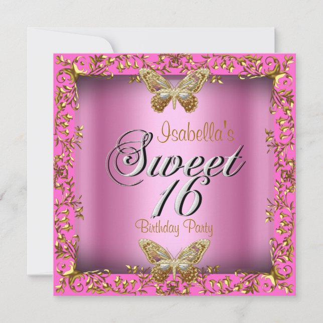 Invitación Elegante dulce 16 Dieciséis Mariposa de Oro Rosa (Anverso)