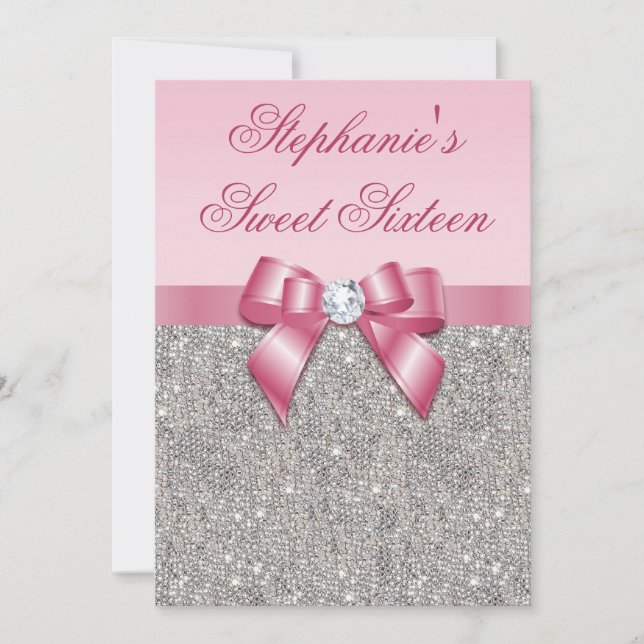 Invitación Elegante dulce 16 ficticios de plata secuelas rosa (Anverso)