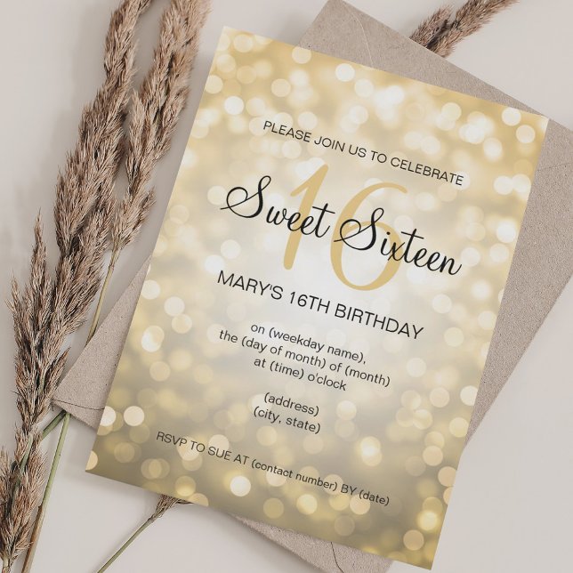 Invitación Elegante dulce 16 Luces Purpurinas de oro de cumpl (Elegant Sweet 16 Birthday Gold Glitter Lights Invitation)