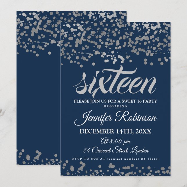 Invitación Elegante dulce 16 plata y Relieve metalizado de la (Anverso / Reverso)