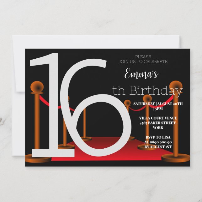 Invitación Elegante dulce 16 Red Black Carpet Hollywood (Anverso)