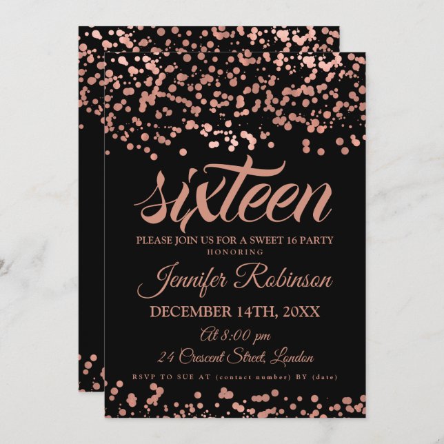Invitación Elegante dulce 16 Rosa de oro y Relieve metalizado (Anverso / Reverso)