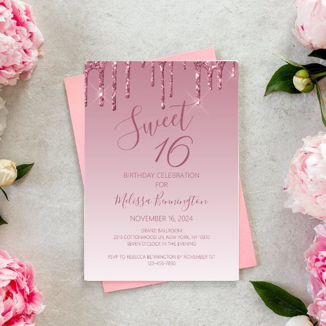 Invitación Elegante dulce 16 Rosa Purpurina de goteo rosado d (Subido por el creador)