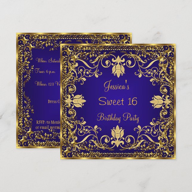 Invitación Elegante dulce 16 Royal Blue Gold Invitation (Anverso / Reverso)