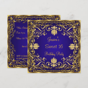 Invitación Elegante dulce 16 Royal Blue Gold Invitation