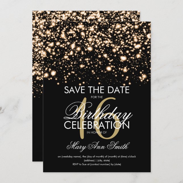 Invitación Elegante dulce 16 "Save The Date" Gold (Anverso / Reverso)