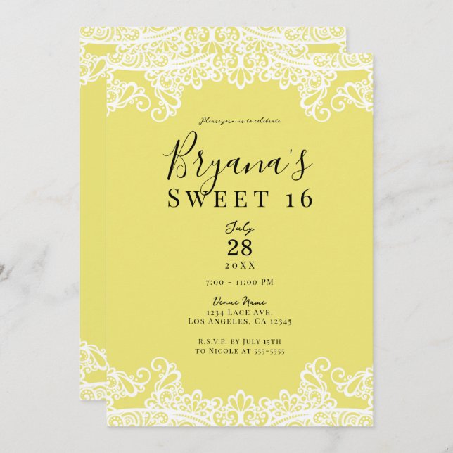 Invitación Elegante dulce amarillo y blanco de encaje 16 Fies (Anverso / Reverso)