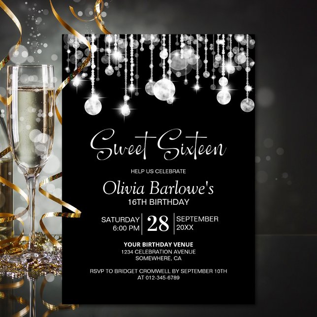 Invitación Elegante dulce blanco negro dieciséis cumpleaños (Subido por el creador)