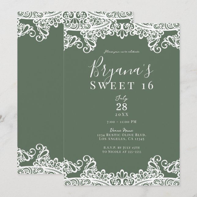 Invitación Elegante dulce de 16 Fiestas de oliva y encaje bla (Anverso / Reverso)