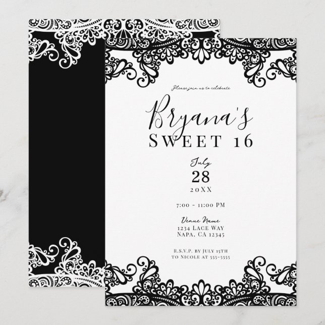 Invitación Elegante dulce de encaje blanco y negro 16 Fiesta (Anverso / Reverso)