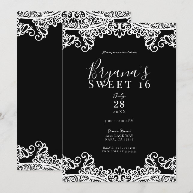 Invitación Elegante dulce de encaje blanco y negro 16 Fiesta (Anverso / Reverso)