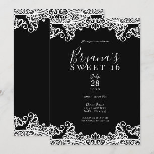 Invitación Elegante dulce de encaje blanco y negro 16 Fiesta