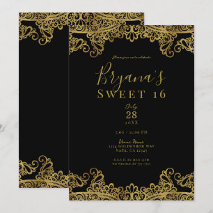 Invitación Elegante dulce de encaje negro y dorado 16 Fiesta