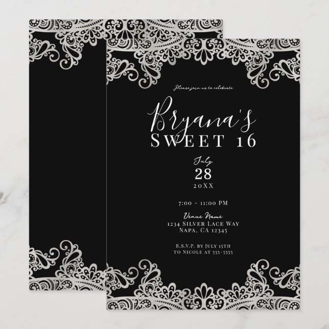 Invitación Elegante dulce de encaje negro y plateado 16 Fiest (Anverso / Reverso)
