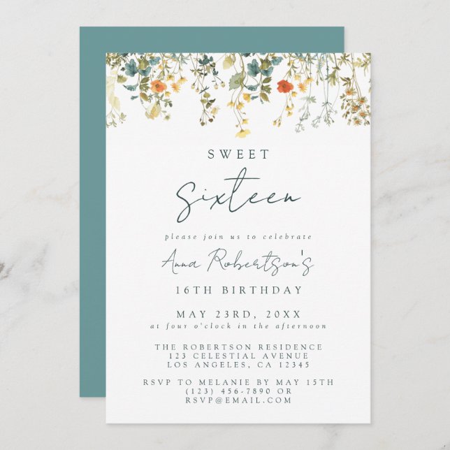 Invitación Elegante dulce de flores silvestres 16 cumpleaños (Anverso / Reverso)