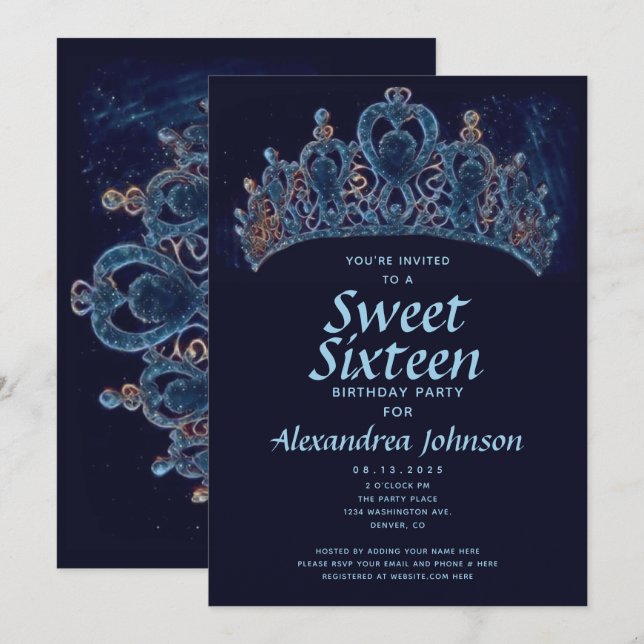 Invitación Elegante dulce de la corona Dieciséis cumpleaños 1 (Anverso / Reverso)