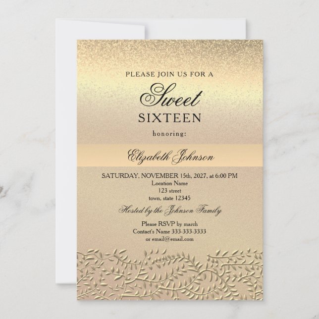 Invitación Elegante dulce de oro 16 cumpleaños (Anverso)