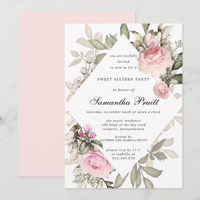 Invitación Elegante dulce de Rubor con flores rosadas 16 (Anverso / Reverso)