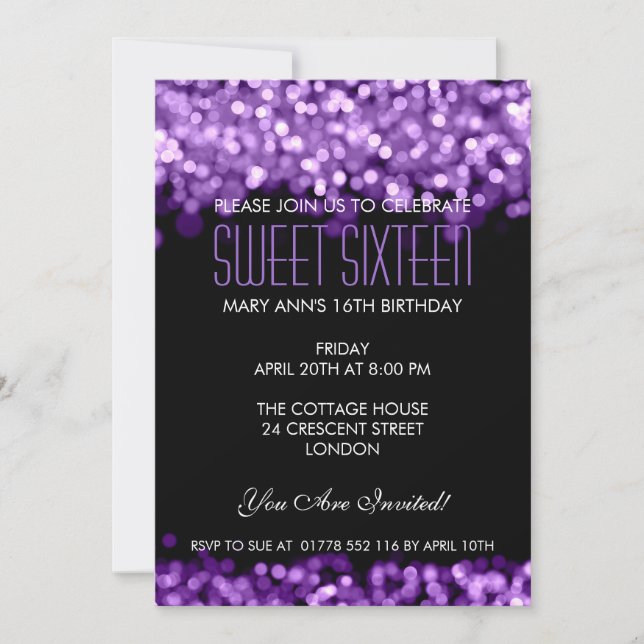Invitación Elegante dulce Dieciséis luces espumosas moradas (Anverso)