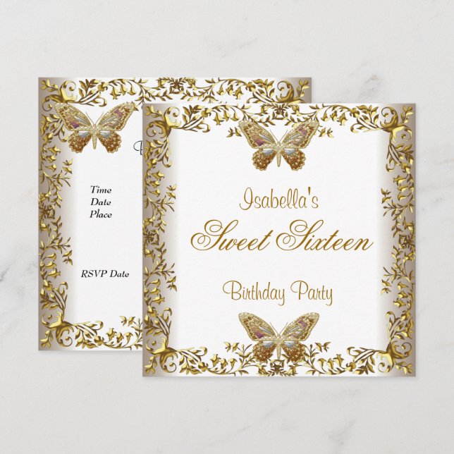 Invitación Elegante dulce Dieciséis Mariposa de Oro Blanco 16 (Anverso / Reverso)
