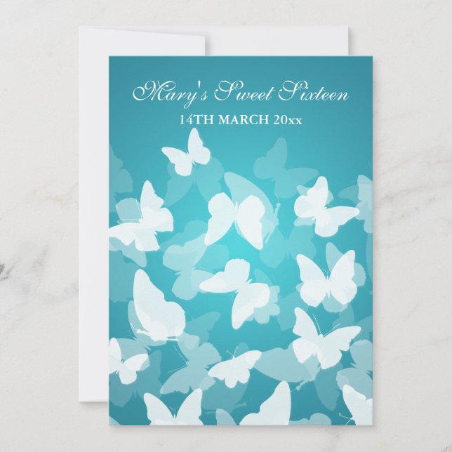 Invitación Elegante dulce Dieciséis Mariposas Fiesta Azul (Anverso)