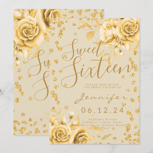Invitación Elegante Dulce Dorado 16 Purpurina Confetti Floral (Anverso / Reverso)