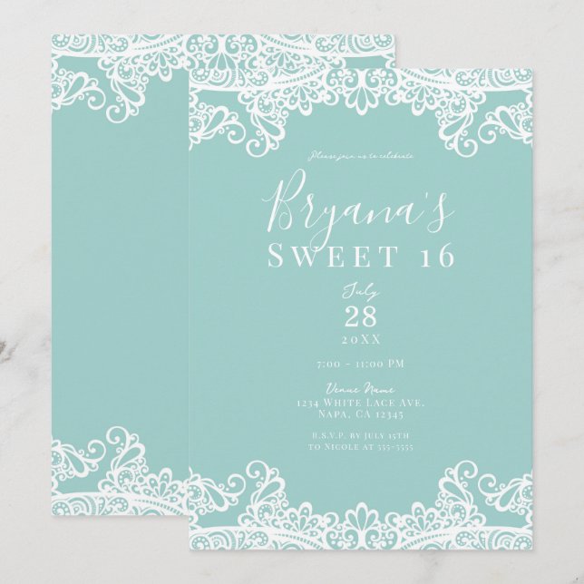 Invitación Elegante dulce elegante de encaje blanco Verde azu (Anverso / Reverso)