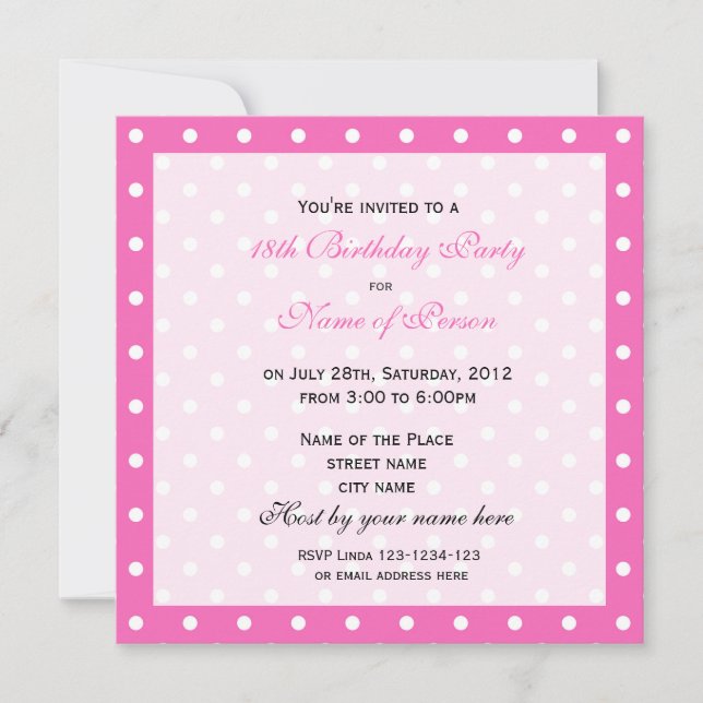 Invitación Elegante, dulce fiesta de cumpleaños de chica rosa (Anverso)