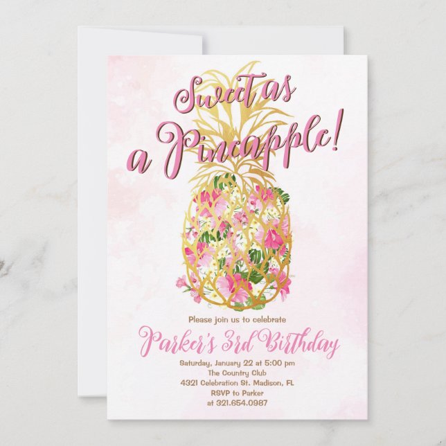Invitación Elegante dulce fiesta de cumpleaños de una piña (Anverso)