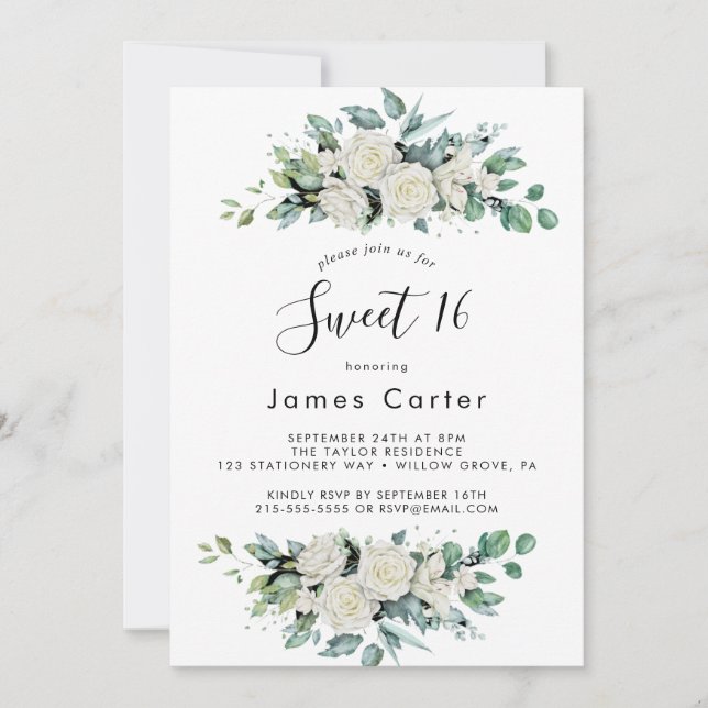 Invitación Elegante dulce floral blanco Dieciséis cumpleaños (Anverso)