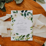 Invitación Elegante dulce floral blanco Dieciséis cumpleaños<br><div class="desc">Esta elegante invitación blanca floral dulce de dieciséis años es perfecta para una fiesta clásica de 16 años. El moderno diseño vintage presenta un bonito y romántico rosa de marfil y acuarela crema y flores de peonía con hojas de color verde oscuro,  vegetación y productos botánicos.</div>