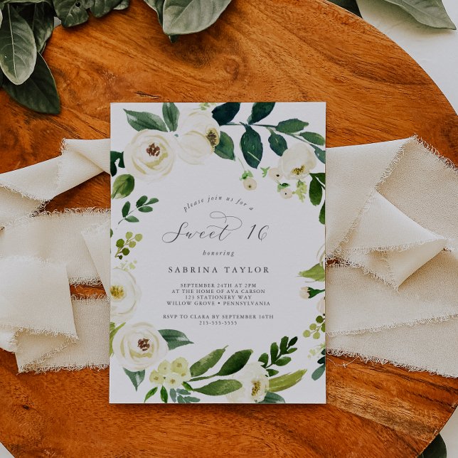 Invitación Elegante dulce floral blanco Dieciséis cumpleaños (Subido por el creador)