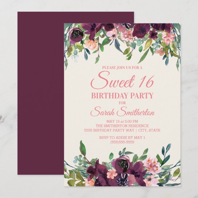 Invitación Elegante Dulce Floral Borgoña Rosa 16 (Anverso / Reverso)